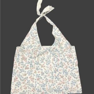 Women’s Floral Cropped Ribbed Tank - White with Blue & Pink Floral Design